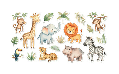 Naklejka premium Cute watercolor safari animals and jungle leaves sticker set for kids