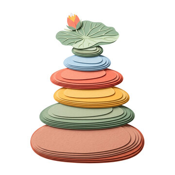 Paper craft stacked zen stone cairn with lotus leaf and flower on transparent background. Balance and mindfulness meditation concept for mental health and emotional wellbeing harmony