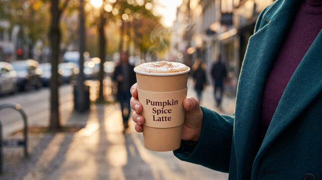 Woman holding a takeaway pumpkin spice latte in a city street  