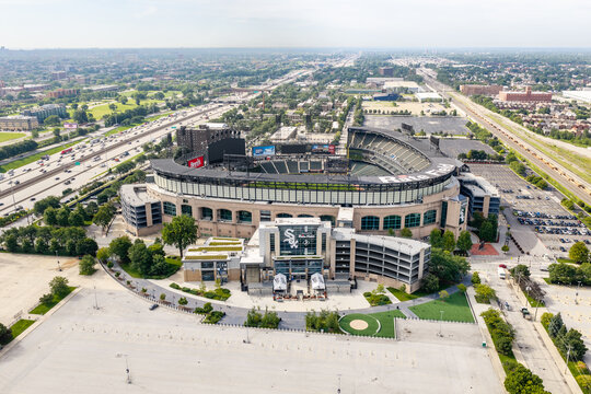 Chicago, IL, USA - August 14, 2026: An aerial view of MLB's Chicago White Sox's Rate Field. The baseball stadium has had many name changes over the years but is best known for Comisky.