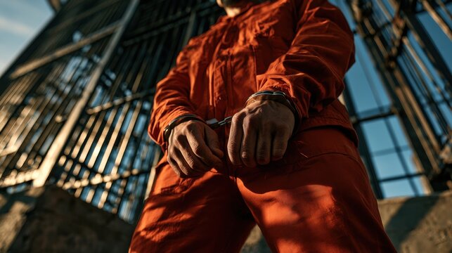Low-angle view of a person in an orange jumpsuit with hands cuffed, standing behind prison bars. Captures themes of incarceration and legal consequences.