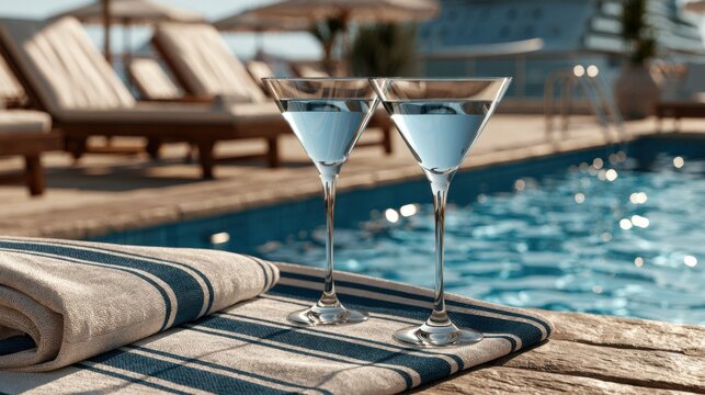 Two martini glasses on a striped towel at a luxury resort poolside reflecting relaxation and a premium cruise lifestyle.