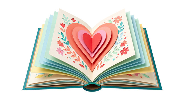 Open papercraft book with layered heart and floral decoration on transparent background. Self love and emotional healing concept. Mental wellness and mindfulness paper art for therapy and self care