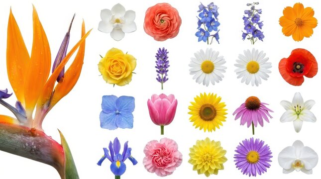 Diverse colorful flower collection including bird of paradise, vibrant tropical floral arrangement isolated on white background for botanical and decorative designs