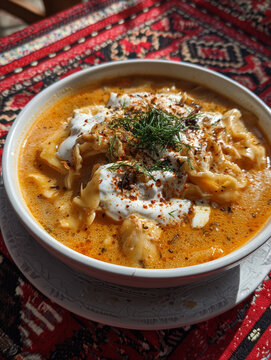 Dushbara soup with yogurt and dill on azerbaijani rug