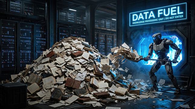 Futuristic robot shoveling books into a glowing blue data fuel furnace. Artificial intelligence and machine learning concept in a dark server room. Digitization of knowledge illustration