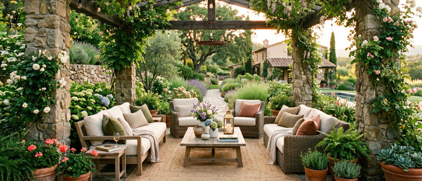 Panorama of luxury outdoor patio lounge area under a wooden pergola. Wicker sofas and furniture in a lush backyard garden. Mediterranean style villa estate with landscaping