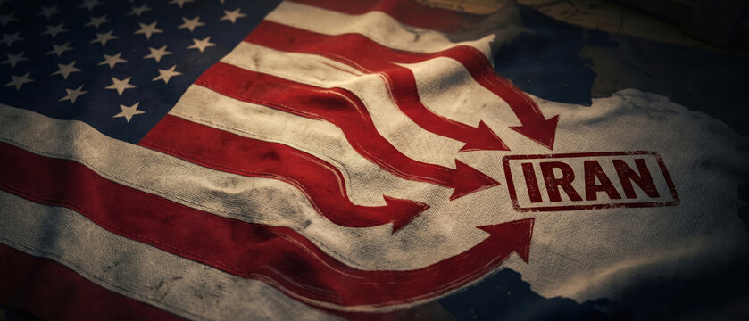 Wavy American flag with red stripes turning into arrows targeting Iran. International relations and geopolitical tension concept
