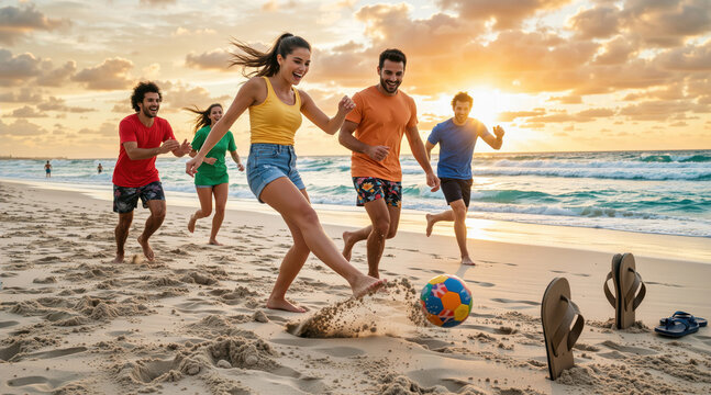 Group of friends playing soccer on the beach at sunset. Young adults having fun with a football on the sand during summer vacation. Active lifestyle and friendship concept