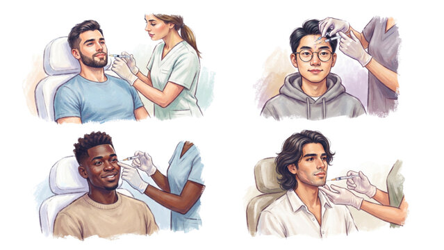 Diverse Young Men Receiving Botox Injections in Lips and Face, Cosmetic Treatment Vector Illustration Set