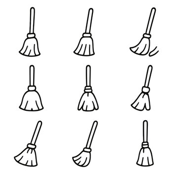 Minimal broom cartoon icon collection line contour stroke outline symbol vector set