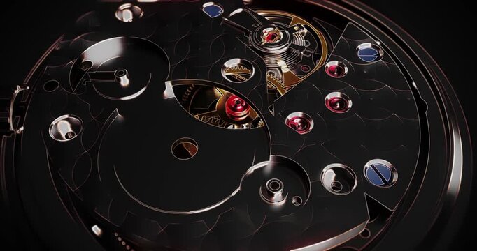 Computer generated 3D render of open back luxury mechanical watch movement.