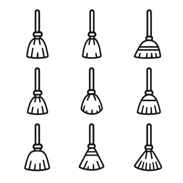 Collection fashioned symbol set vector outline old line contour brooms minimal stroke