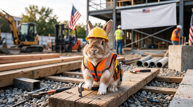 A Construction Foreman Bunny: An Adorable Rabbit in a Yellow Hard Hat and Safety Vest