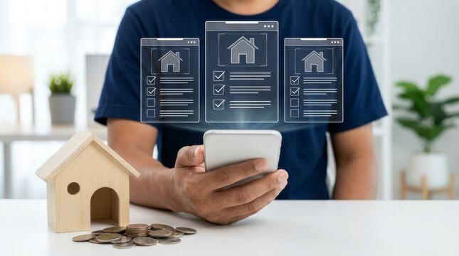 Person using mobile app for real estate comparison and property investment planning with house model and coins.