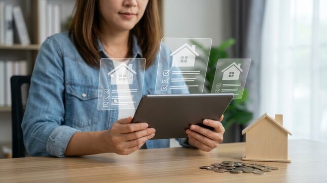 Woman browsing digital property listings on a tablet with virtual real estate icons, wooden house model, and coins on a desk.