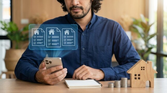 Man managing digital property documents on smartphone with house model and coins