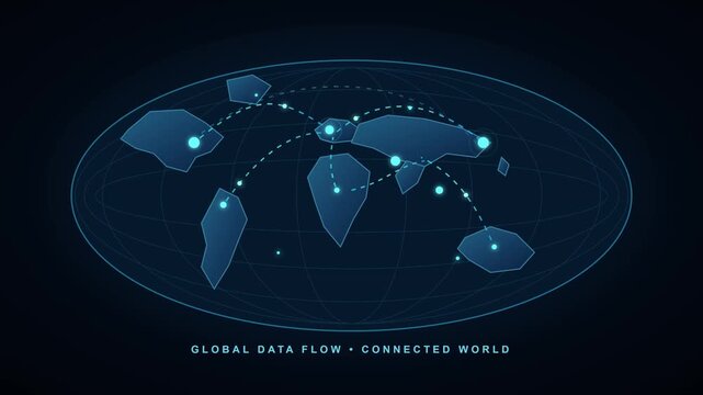 Digital world map visualization showing global data transmission paths in this seamless motion video clip animation
