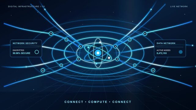 Glowing digital atom animation shows data network connections pulsing with secure blue light motion video clip