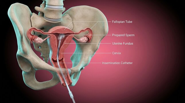 IUI procedure showing insemination catheter delivering sperm into uterus and fallopian tubes