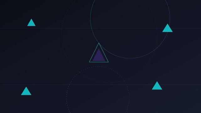 Floating geometric triangle animation featuring vibrant blue circles and digital motion elements in dynamic video footage