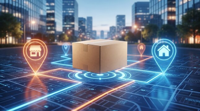 Digital map with cardboard box and navigation icons for logistics