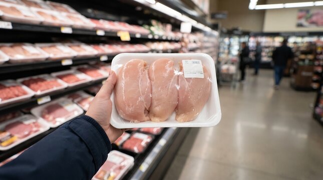 Customer Holding Raw Chicken Package in Grocery Store Aisle