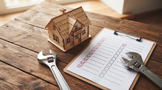 Home Inspection Tools and House Model on Wooden Table