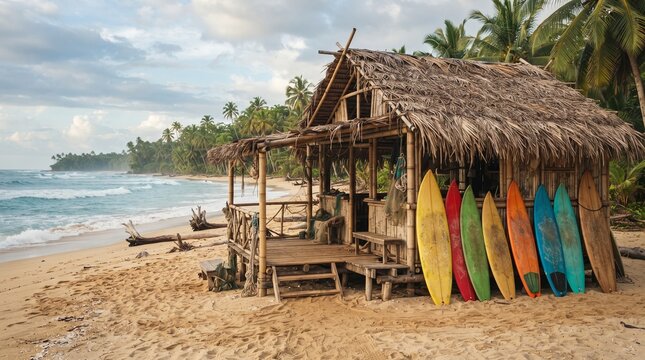 Colorful surfboards leaning against tropical beach hut