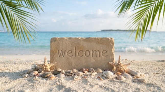 Welcome Sign on Beach Sand for Vacation Greeting