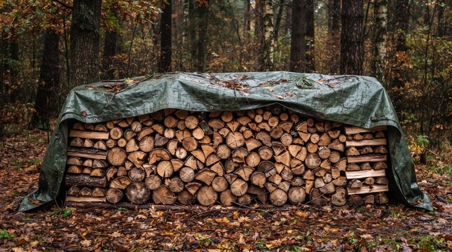 Stacked firewood in autumn forest for outdoor heating and camping