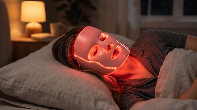 Woman Wearing LED Face Mask for Skincare Treatment at Night