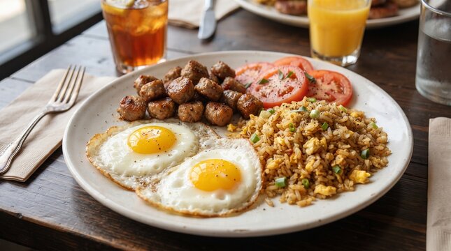 Fried eggs with rice breakfast served on a white plate