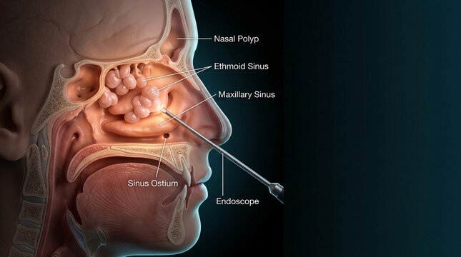 Endoscope procedure on maxillary sinus and ethmoid sinus in human head anatomy illustration