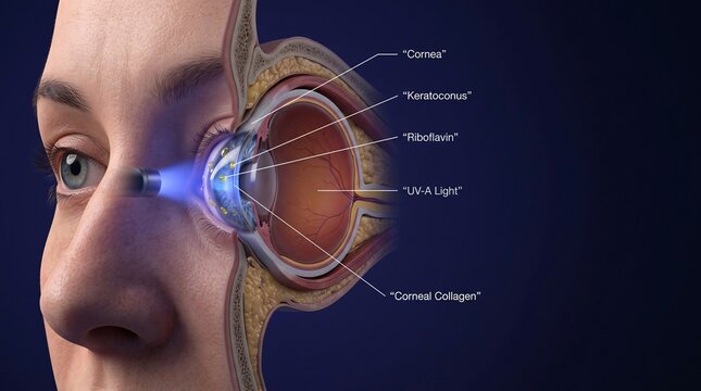 Medical illustration of laser light and riboflavin treatment for keratoconus in human eye