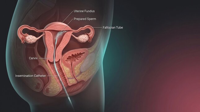 Diagram of insemination catheter delivering sperm into uterus and fallopian tubes