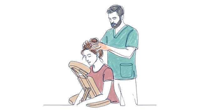 Continuous Line Art Male Physical Therapist Performing Head Massage on Female Patient, Healthcare Vector Illustration