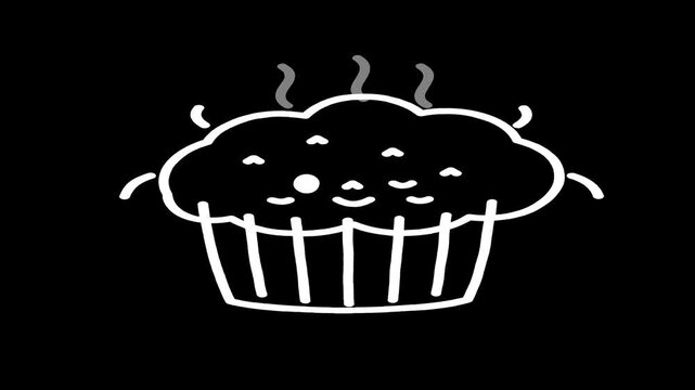 Steaming blueberry muffin illustration showcasing hot breakfast pastry snack in simple white line animation video