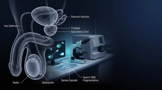 Scientist analyzing sperm dna fragmentation in laboratory with microscope and computer screen