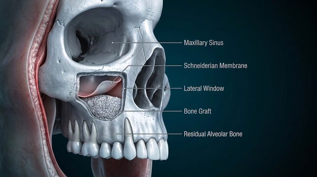 Anatomical illustration showing maxillary sinus bone graft procedure and Schneiderian membrane in human skull