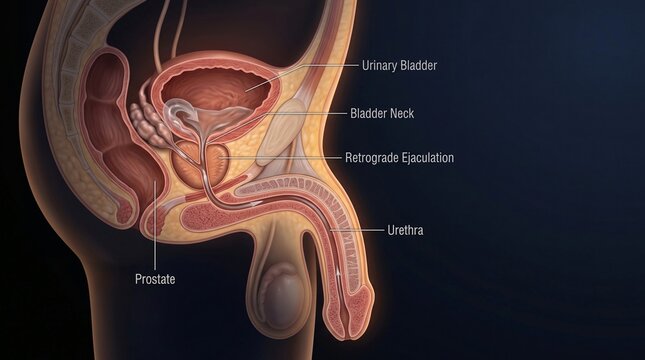 Anatomical illustration of male urinary system and prostate gland in human body