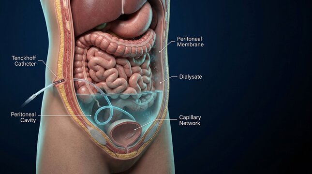 Anatomical illustration of peritoneal dialysis process with Tenckhoff catheter in abdominal cavity