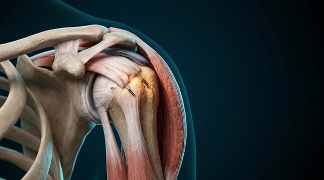 Anatomical 3D model showing human shoulder joint and rotator cuff muscles and bones