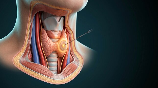 Medical illustration of needle insertion into thyroid gland in human neck anatomy