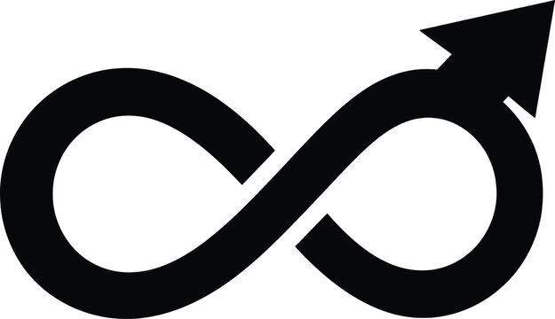 Black infinity symbol icon with an arrow pointing up representing growth and success