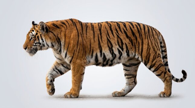 Majestic Bengal tiger walking against light gray background, powerful striped wild animal isolated for wildlife, conservation and nature concepts