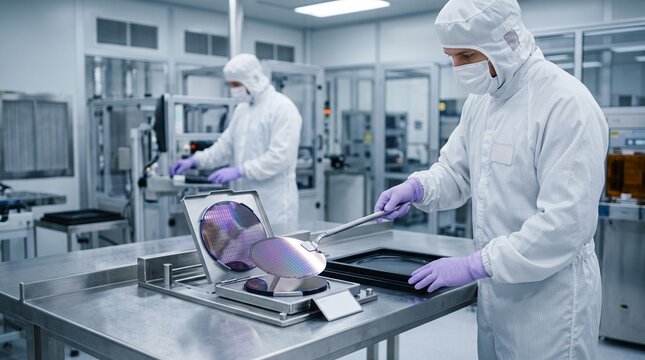 Cleanroom engineers prepare silicon photonic wafers for packaging