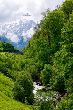 Idyllisches Sernftal im Glarnerland mit gr&uuml;nen Bergwiesen und wolkenverhangenen Alpen