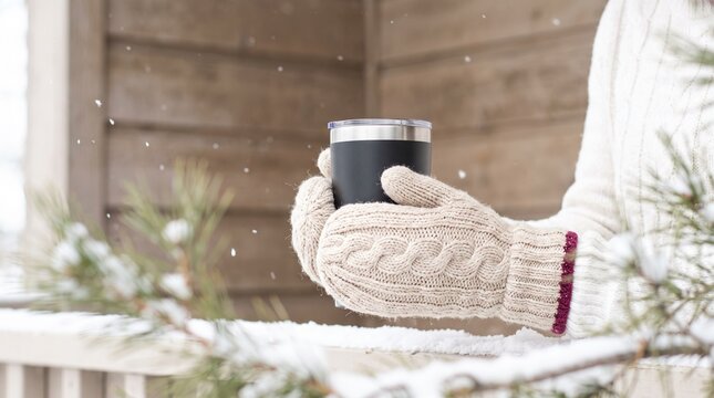 Person in Warm Knitted Mittens Holding a Black Thermal Travel Tumbler Outdoors on a Snowy Winter Day