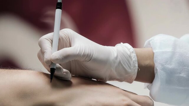 Surgeon drawing surgical guidelines on patient skin. Plastic surgery preparation close-up